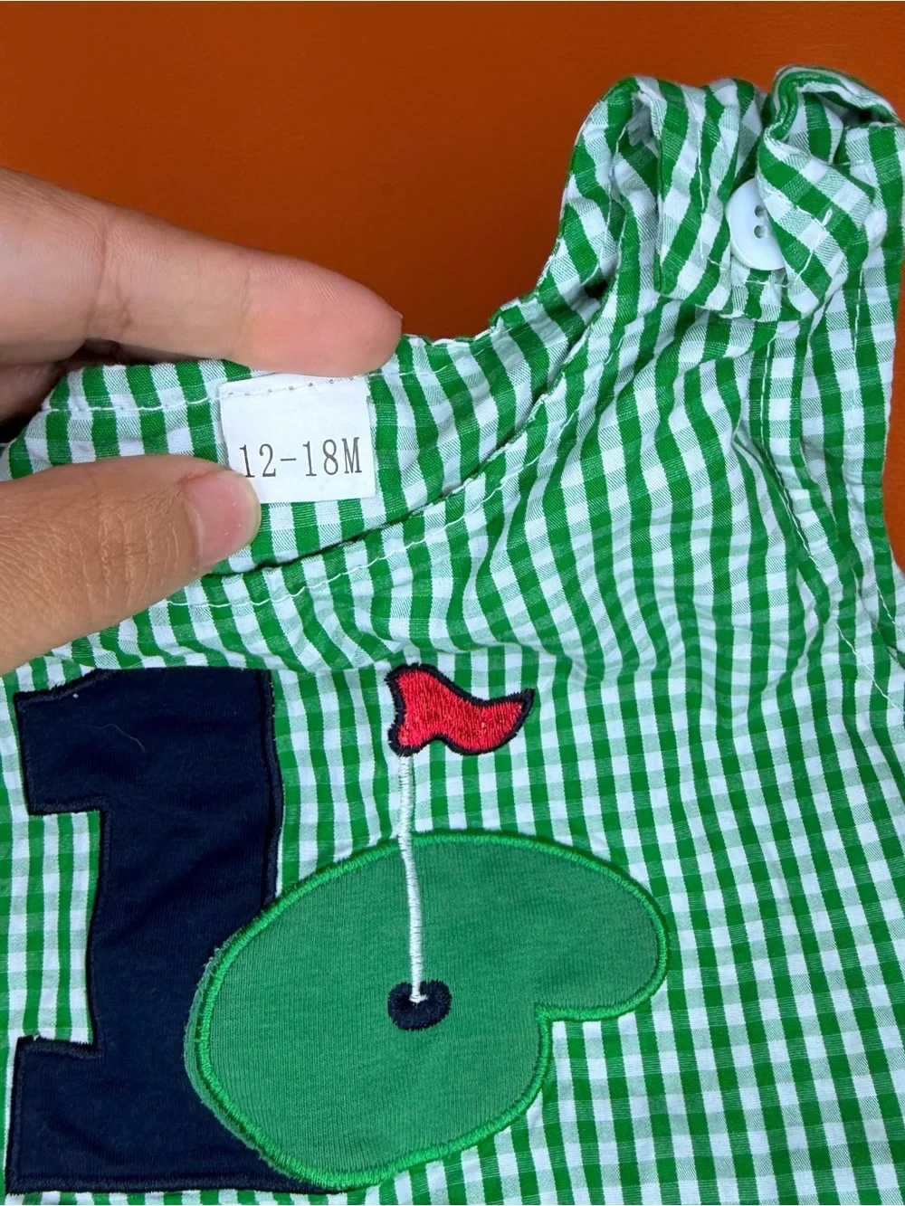 Golf #1 Appliqué Baby Green Gingham Romper Size 12-18 Months